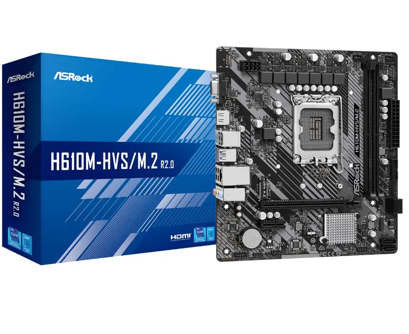 Asrock H610M-HVS/M.2 R2.0 Motherboard, Intel Socket 1700, 12th Gen, Micro ATX, DDR4 3200MHz, 1x PCIe 4.0 x16, 1x PCI-e 3.0 x1, 7.1 Channel Audio, Ultra M.2, USB 3.2 Gen1, Gigabit LAN, HDMI, VGA