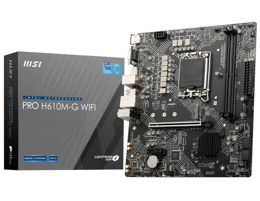 MSI PRO H610M-G WiFi Motherboard – Micro-ATX, Supports 12th/13th/14th Gen Intel Core Processors, LGA 1700 Socket, DDR5 Memory Boost 5600MHz/MAX, PCIe 4, 1G LAN, M.2 Slots, USB 3.2, Wi-Fi 6E