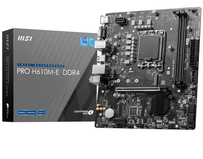 MSI PRO H610M-E DDR4 Motherboard, Micro-ATX - Supports 14th/13th/12th Gen Intel Core Processors, LGA 1700-2 x DIMMs (3200MHz), 1x PCIe 4.0 x16 Slot, 1 x M.2 Gen3, USB 3.2 Gen1, 1G LAN, HDMI 1.4 & VGA